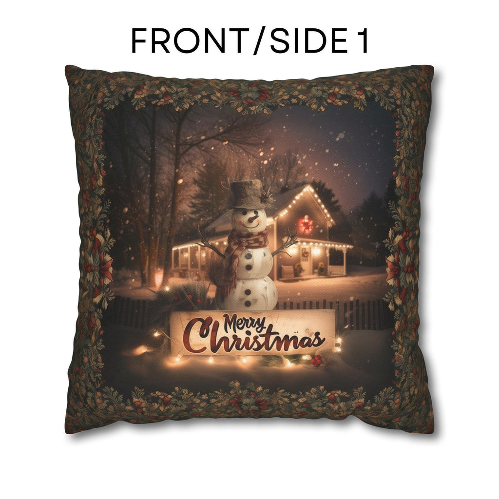 Country Farmhouse Christmas Snowman Pillow Cover with Intricate Botanicals and Vines Border
