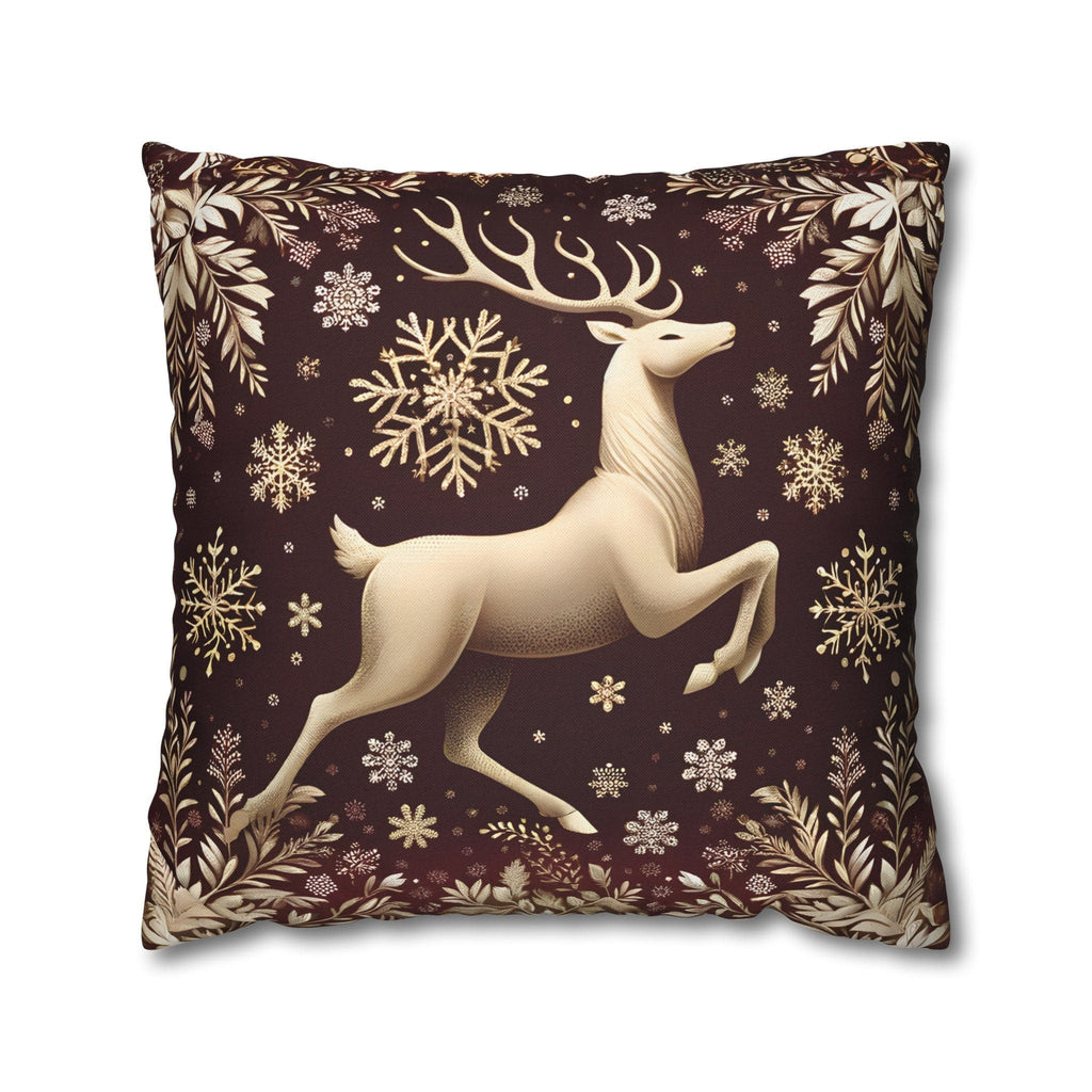 Regal Golden Reindeer Throw Pillow Cover: Burgundy & Gold Christmas Elegance