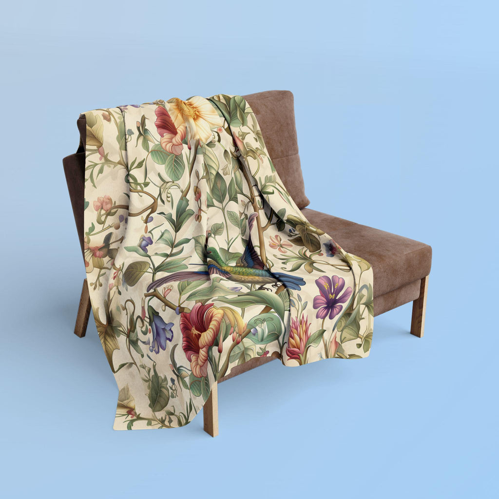 William Morris Inspired Hummingbird Fleece Throw Blanket with Elegant Floral Design