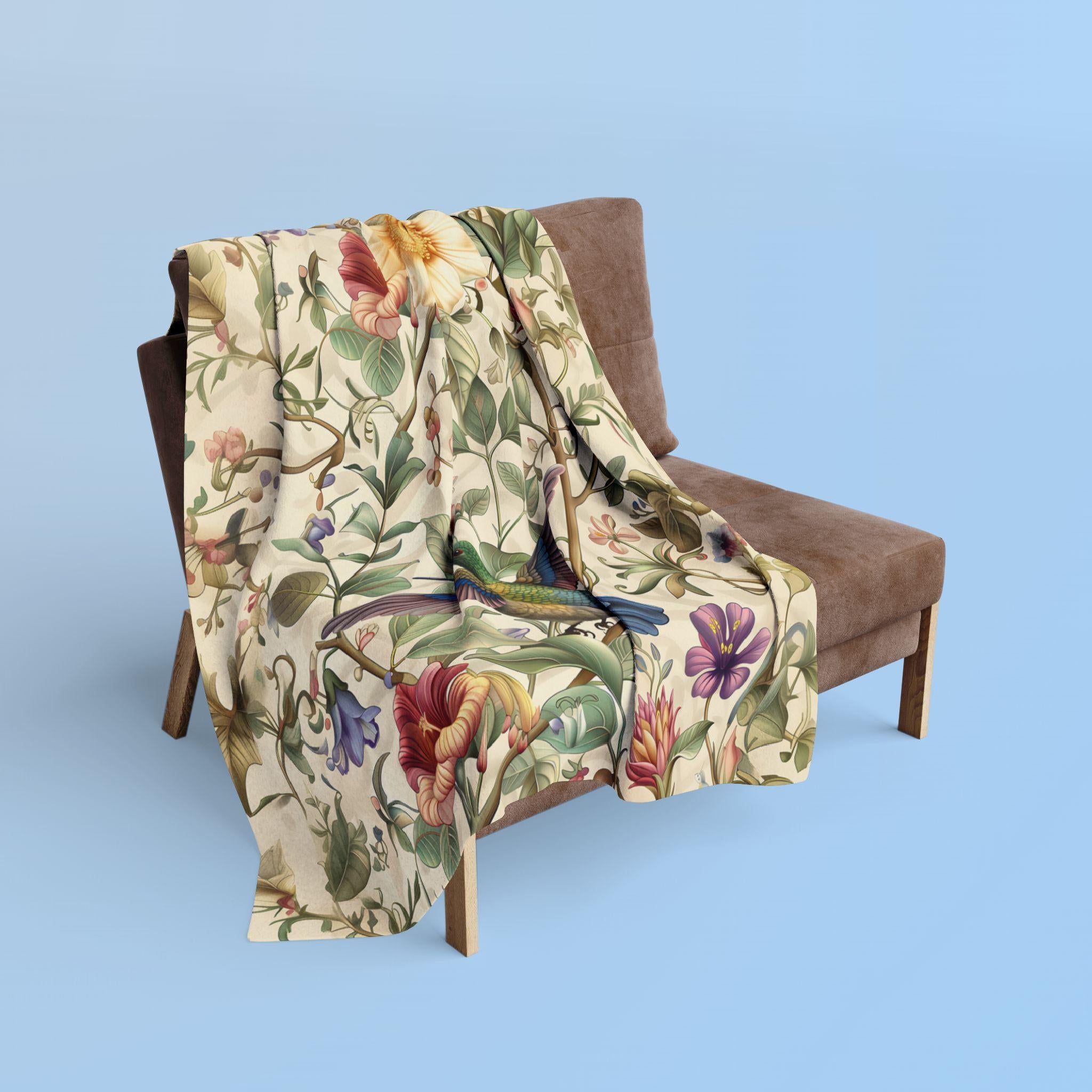 William Morris Inspired Hummingbird Fleece Throw Blanket with Elegant Floral Design