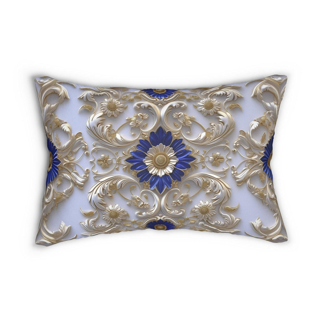 Elegant Baroque Cobalt Blue Lumbar Pillow with Silver-Gray and Gold Accents - Classic Grandeur Design