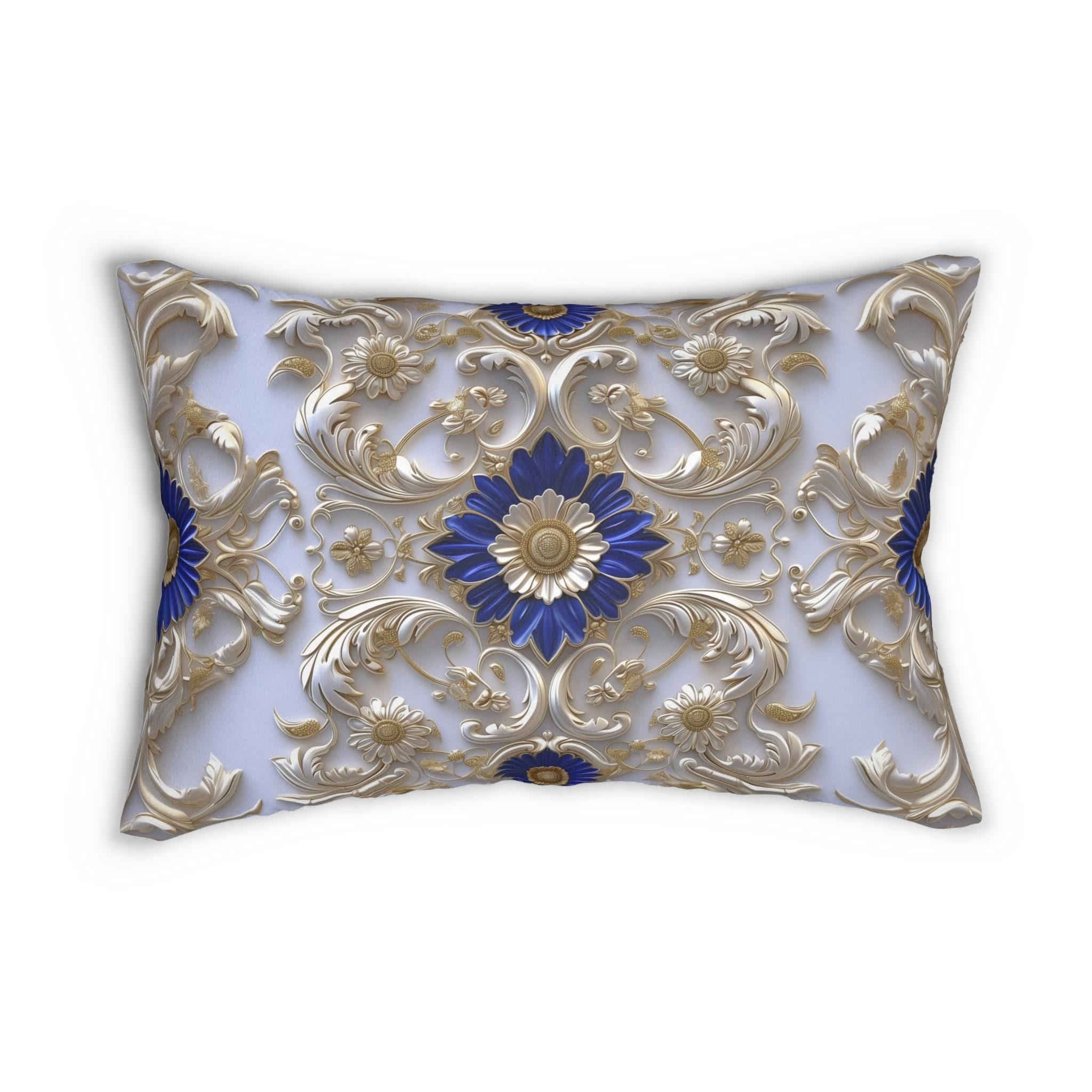 Elegant Baroque Cobalt Blue Lumbar Pillow with Silver-Gray and Gold Accents - Classic Grandeur Design