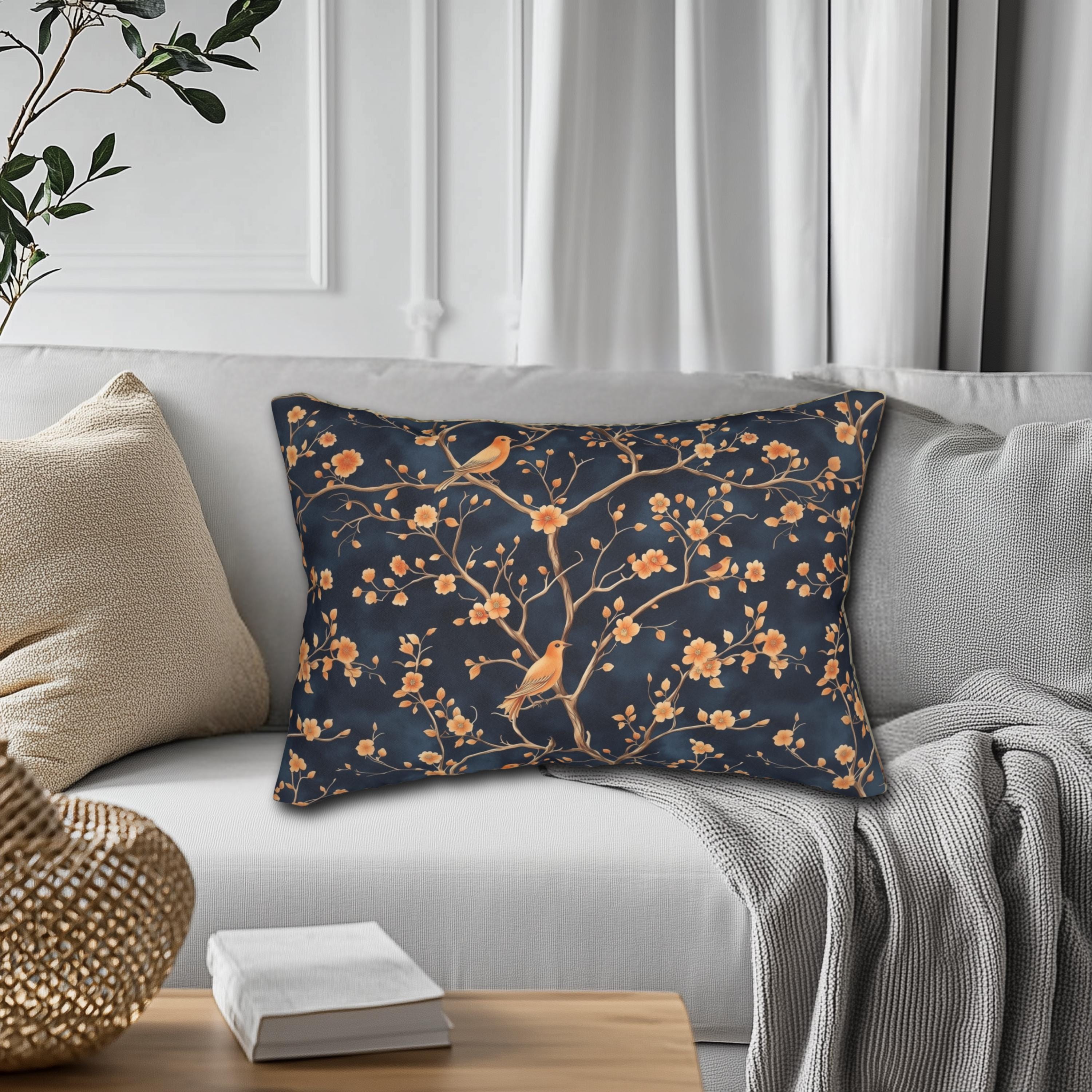 Chinoiserie Bird Blossom Lumbar Pillow: Peach & Chestnut on Navy Blue