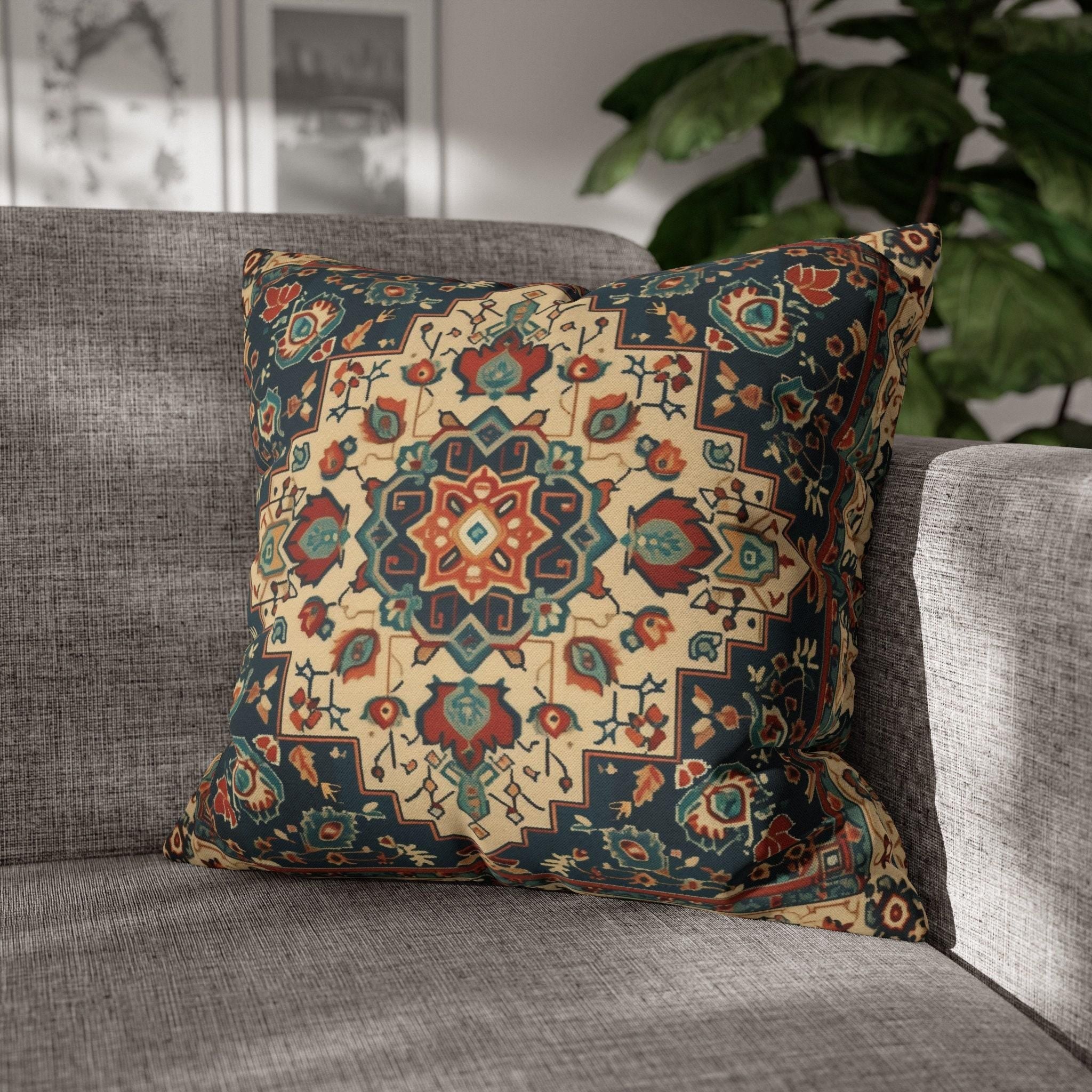 Turkish Rug-Inspired Throw Pillow Cover: Ornate Medallion Design with Rich Colors for Home Decor