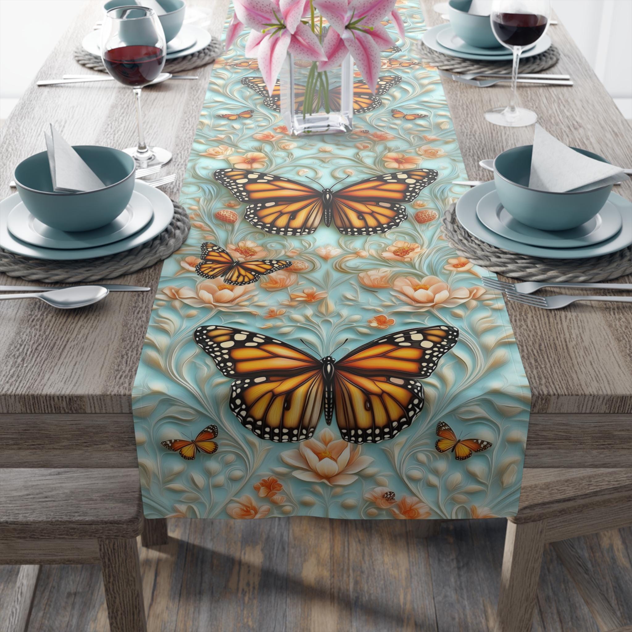 William Morris Table Runner: Vintage Style Monarch Butterfly Botanical