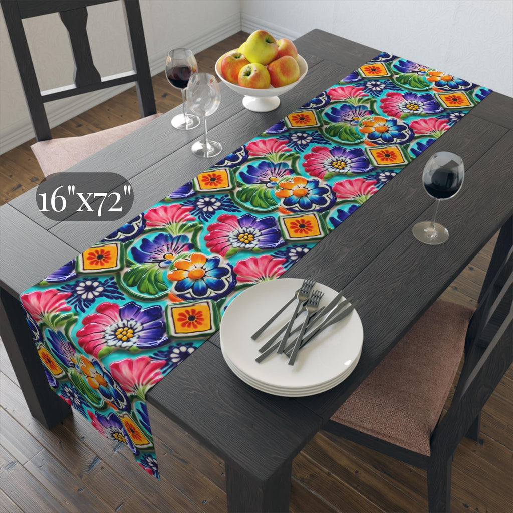 Mexican Table Runner: Botanical Folk Art on Aqua Background