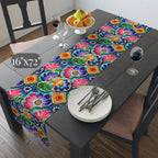 Mexican Table Runner: Botanical Folk Art on Aqua Background