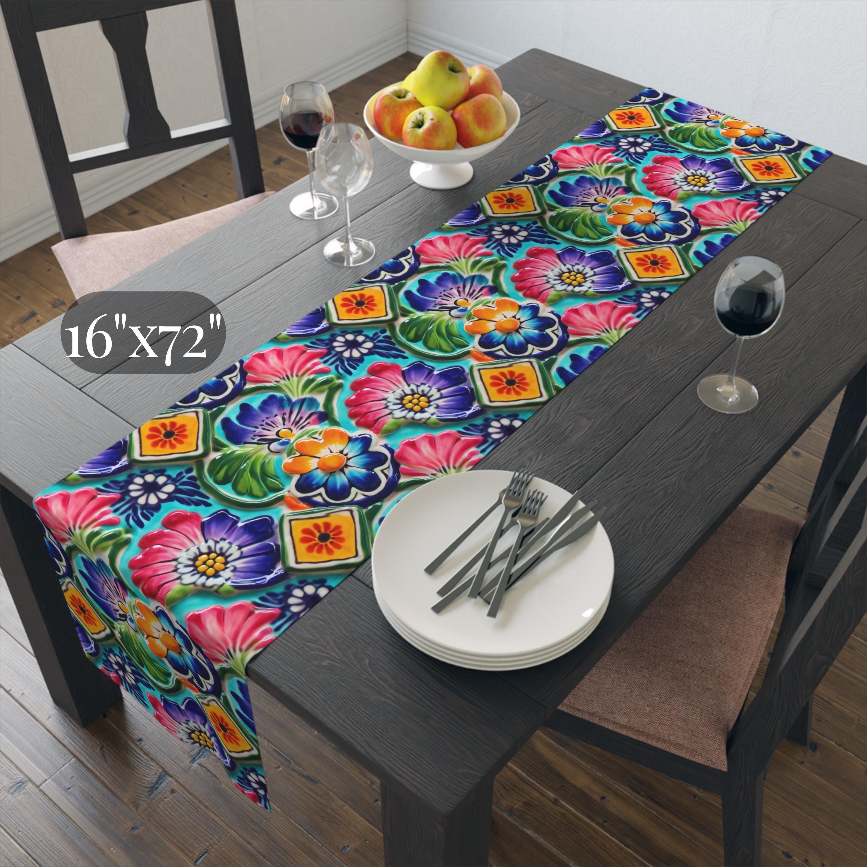 Mexican Table Runner: Botanical Folk Art on Aqua Background