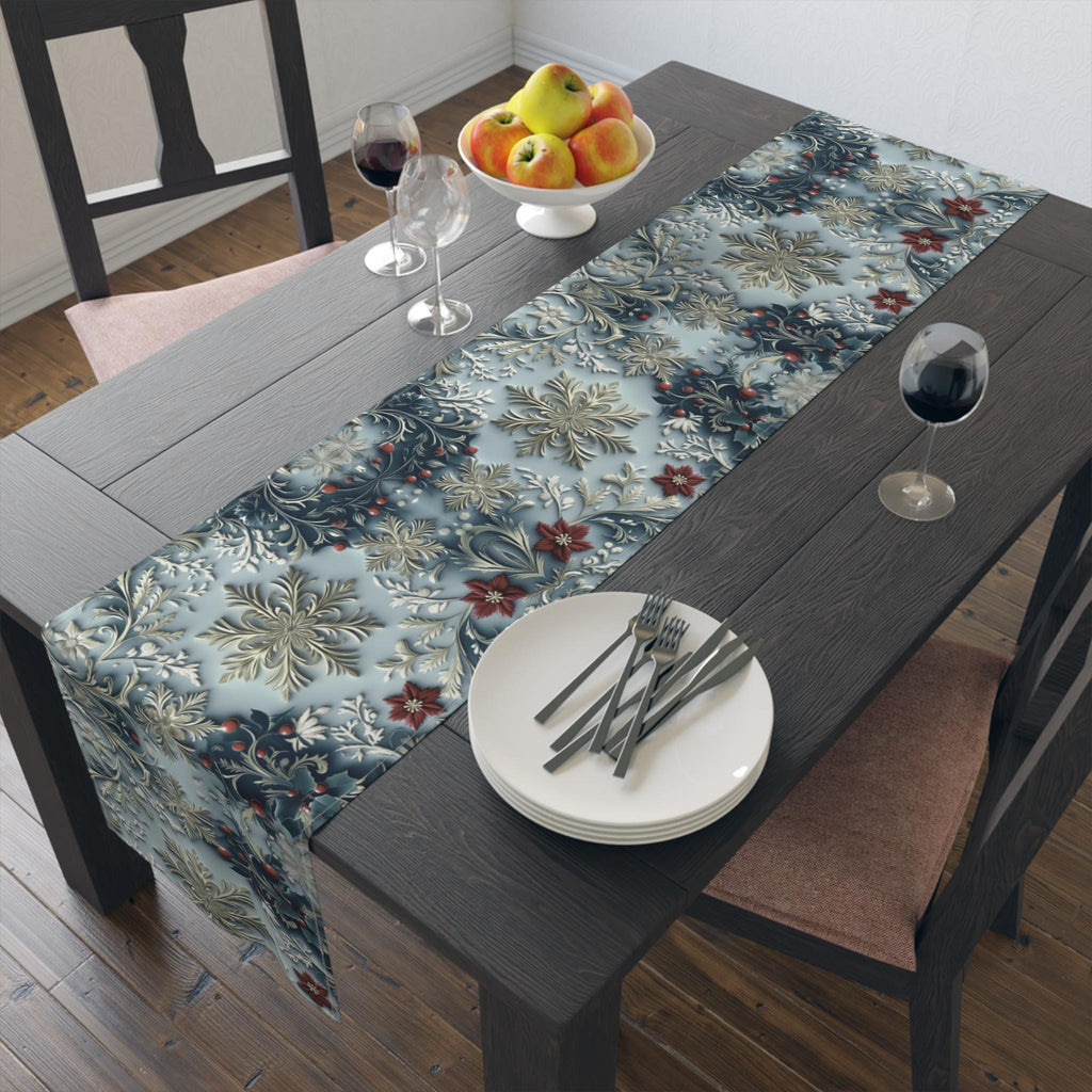 Elegant Blue Chinoiserie Christmas Table Runner: Snowflake & Holly Design for Holiday Dining Decor