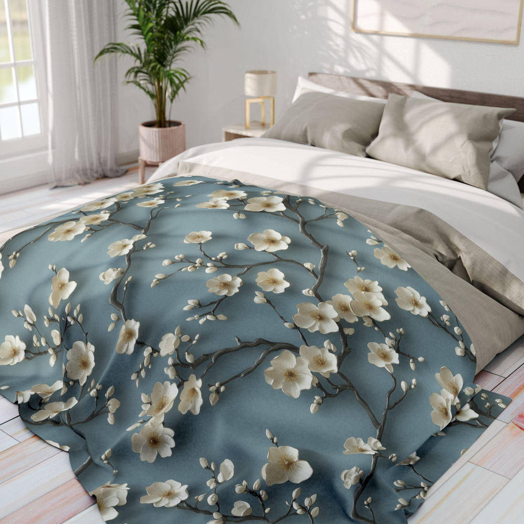 Chinoiserie Fleece Throw: Blue-Teal Gradient with Cream Cherry Blossom Design - Cozy Home Accent