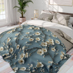 Chinoiserie Fleece Throw: Blue-Teal Gradient with Cream Cherry Blossom Design - Cozy Home Accent