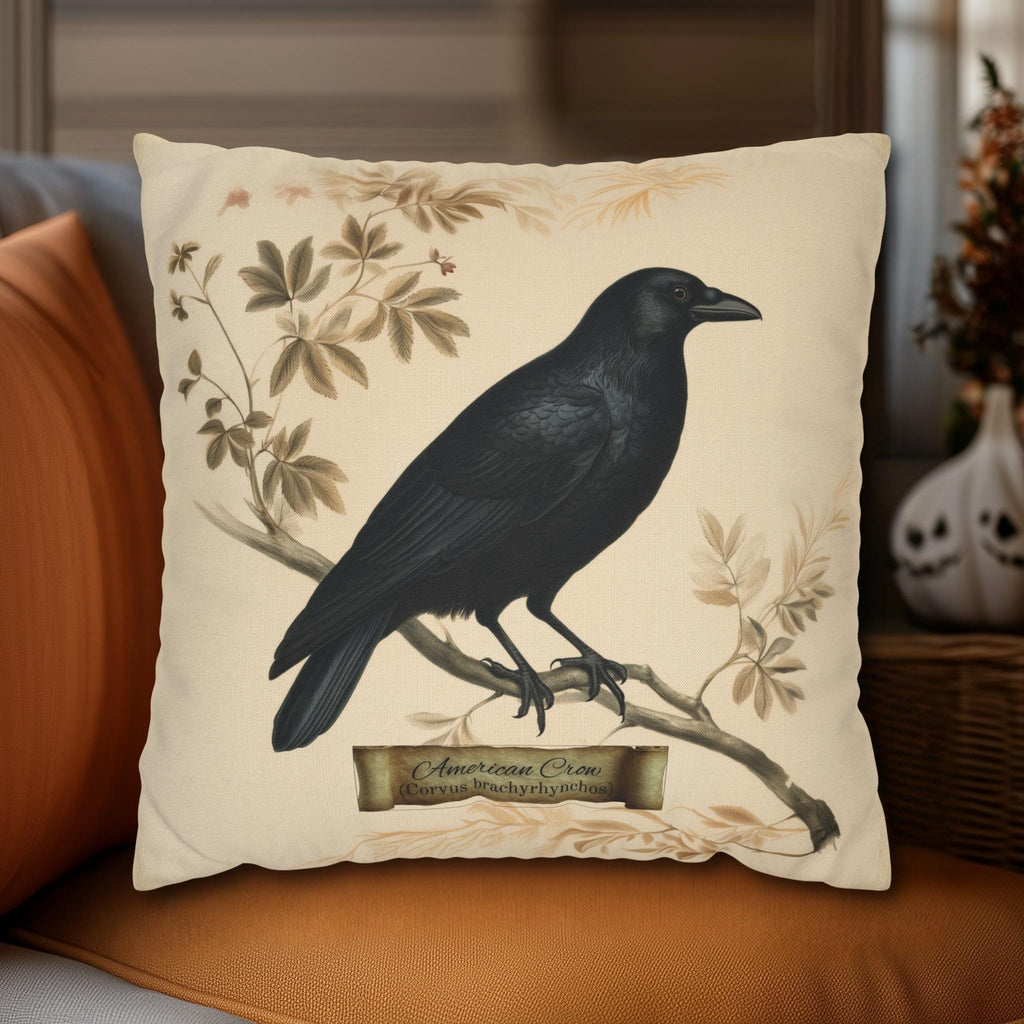 Halloween Crow Pillow Cover: Vintage Style Scientific Bird Illustration