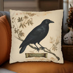Halloween Crow Pillow Cover: Vintage Style Scientific Bird Illustration