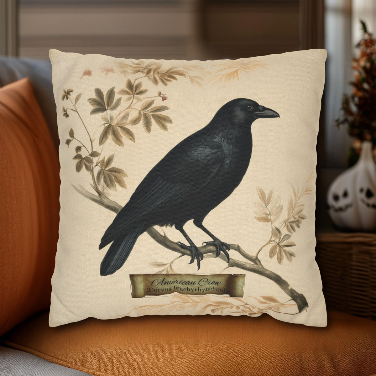 Halloween Crow Pillow Cover: Vintage Style Scientific Bird Illustration