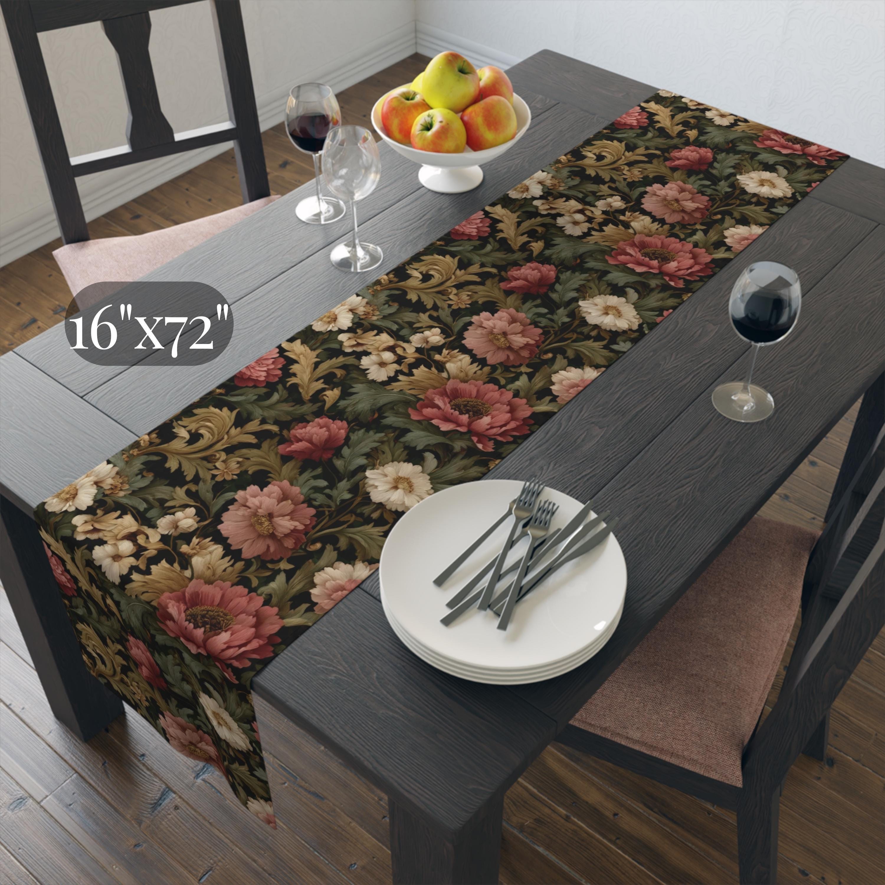 Dusty Rose & Ivory Victorian Table Runner:  William Morris Dark Cottagecore Moody Blooms