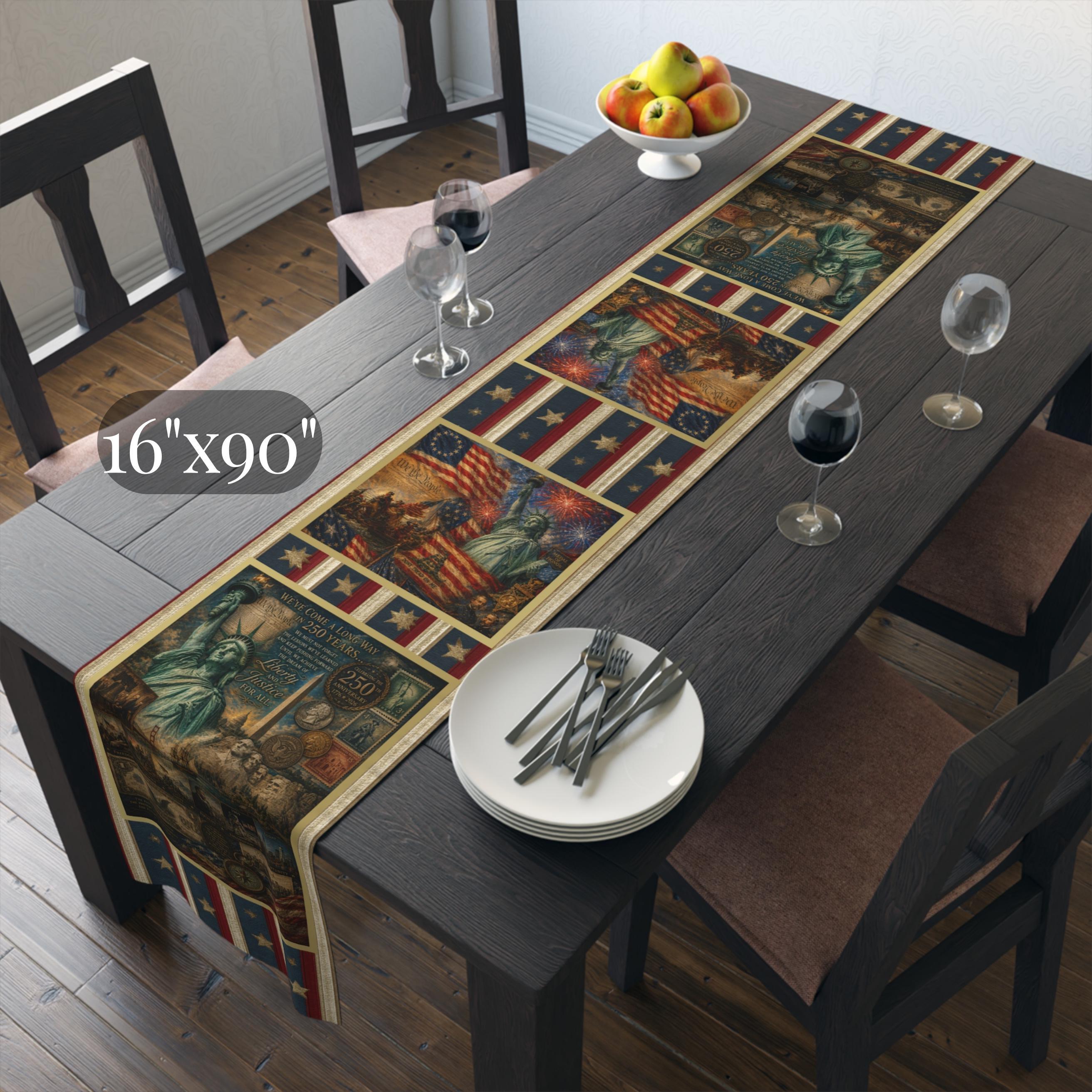Patriotic Table Runner: USA 250th Anniversary Liberty and Justice Theme