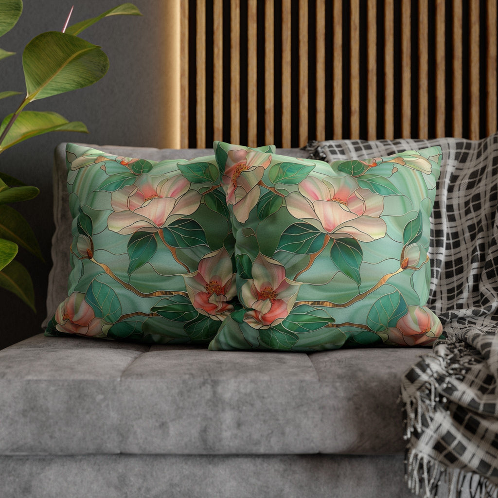 Luminous Green Chinoiserie Pillow Cover: Pink Magnolia Stained Glass Art for Home Decor