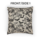 Chinoiserie Five Bats Woven Throw Pillow: Black and Cream Halloween Floral