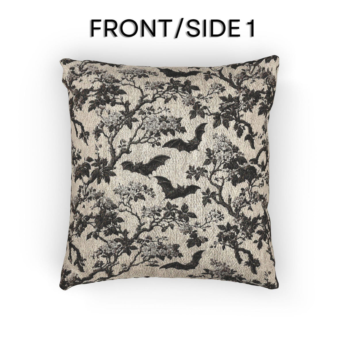 Chinoiserie Five Bats Woven Throw Pillow: Black and Cream Halloween Floral