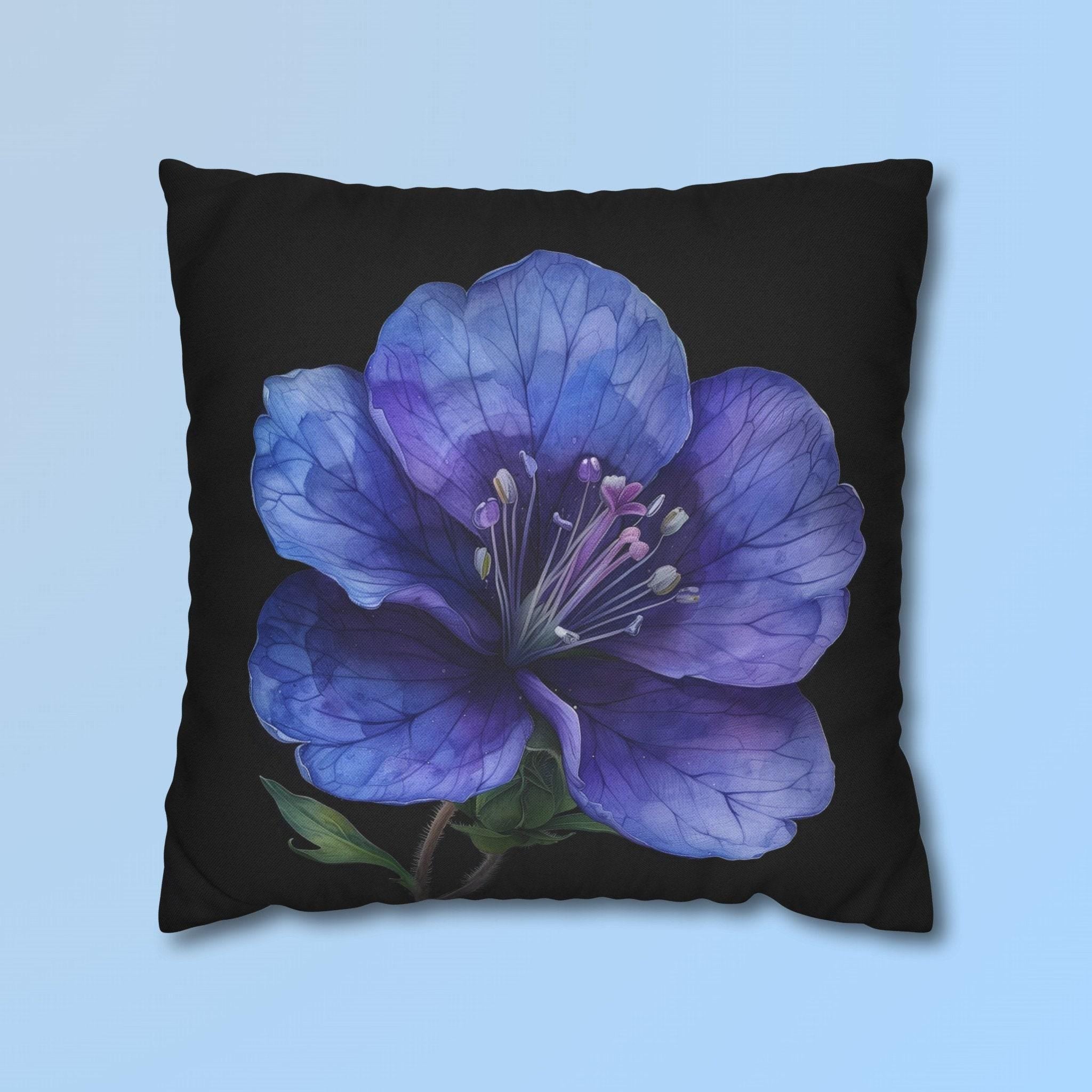 Anemone Pillow Cover: Detailed Floral Illustration, Black Background