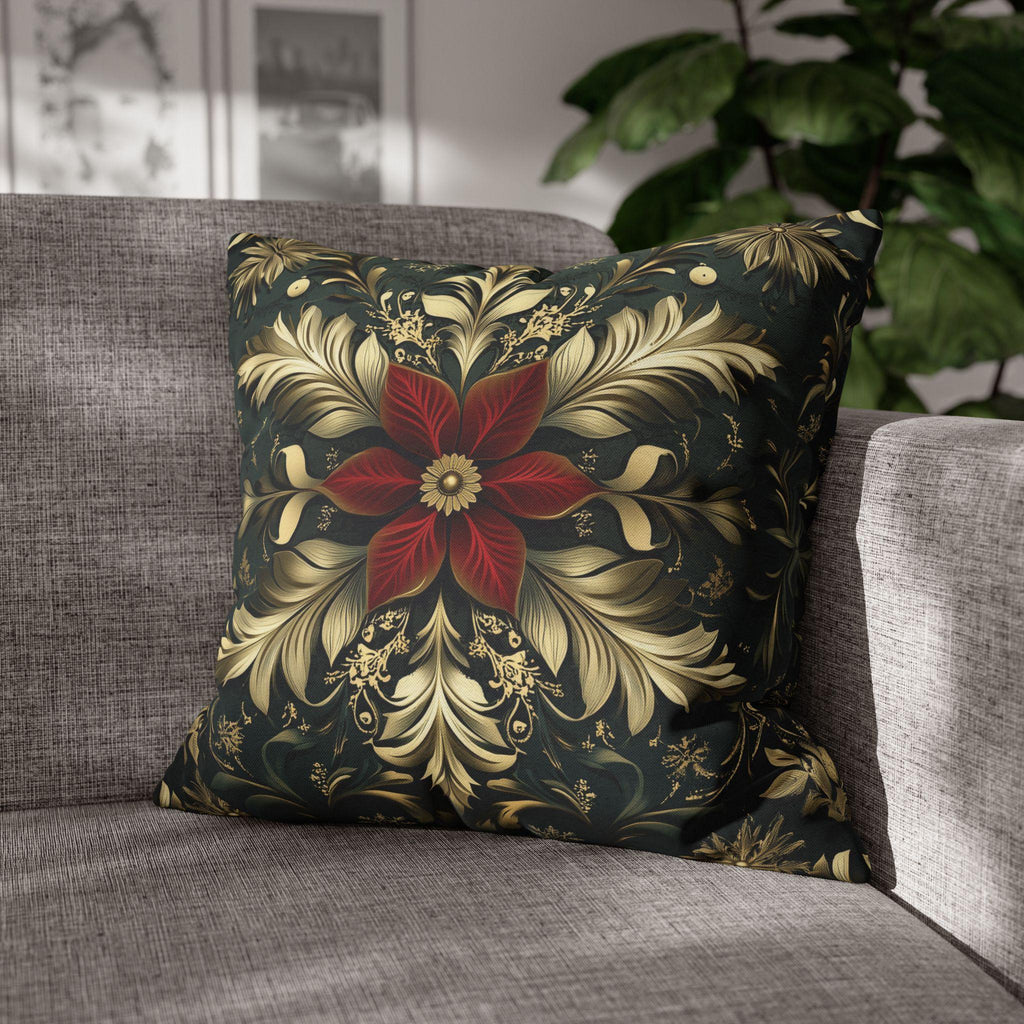 Poinsettia Pillow Cover, Red and Gold, Holiday Home Decor