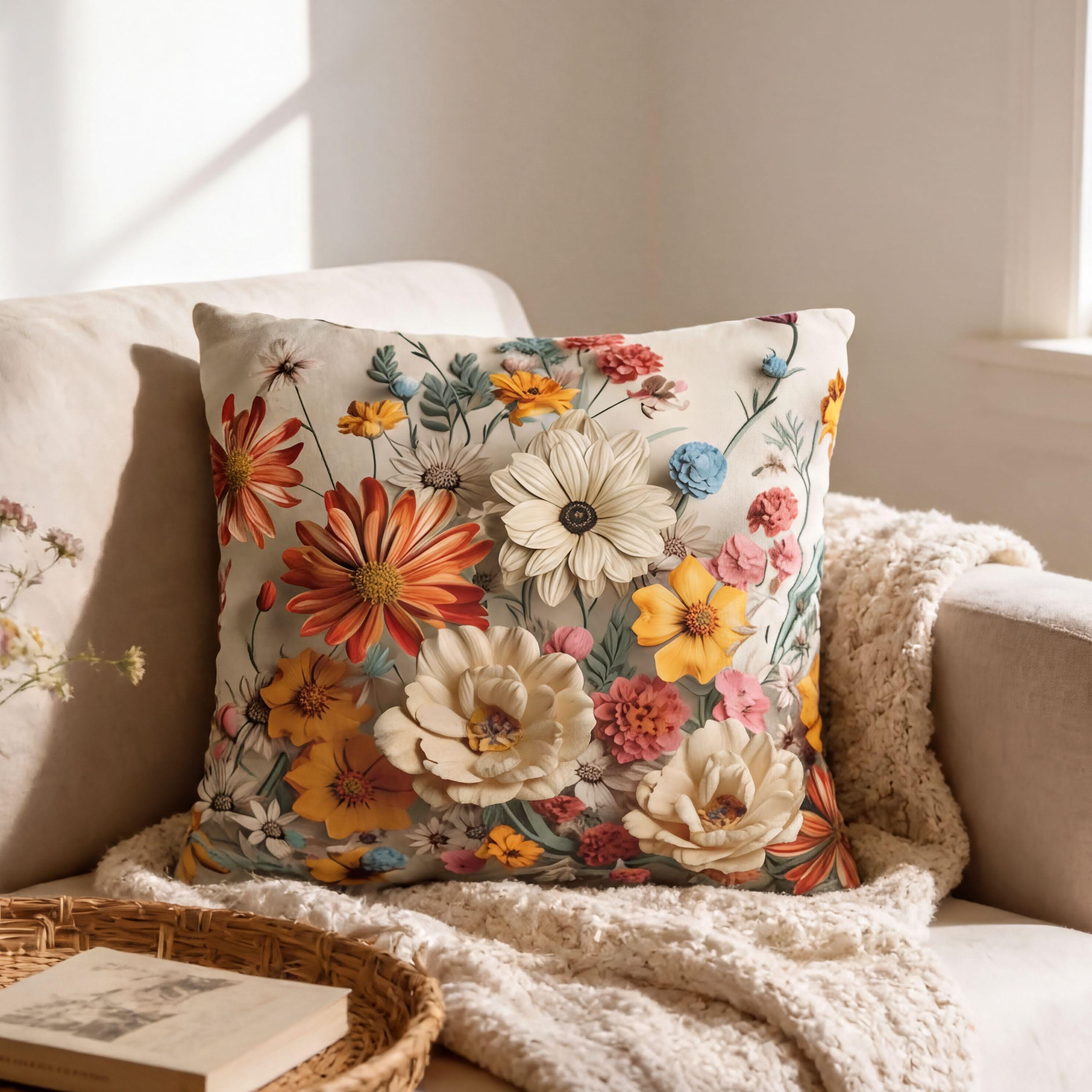 Vintage Style Brightly Colored Throw Pillow Cover: Boho Wildflowers on a Light Cream Background