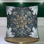 Gold White & Blue Snowflake Square Pillowcase, Elegant Festive Christmas Pillow Cover