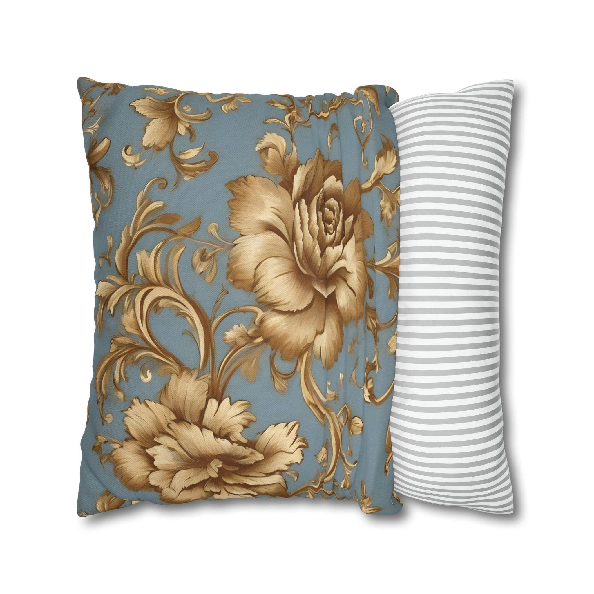 Floral Pillow Cover: Golden Roses on Blue - Soft Durable Fabric
