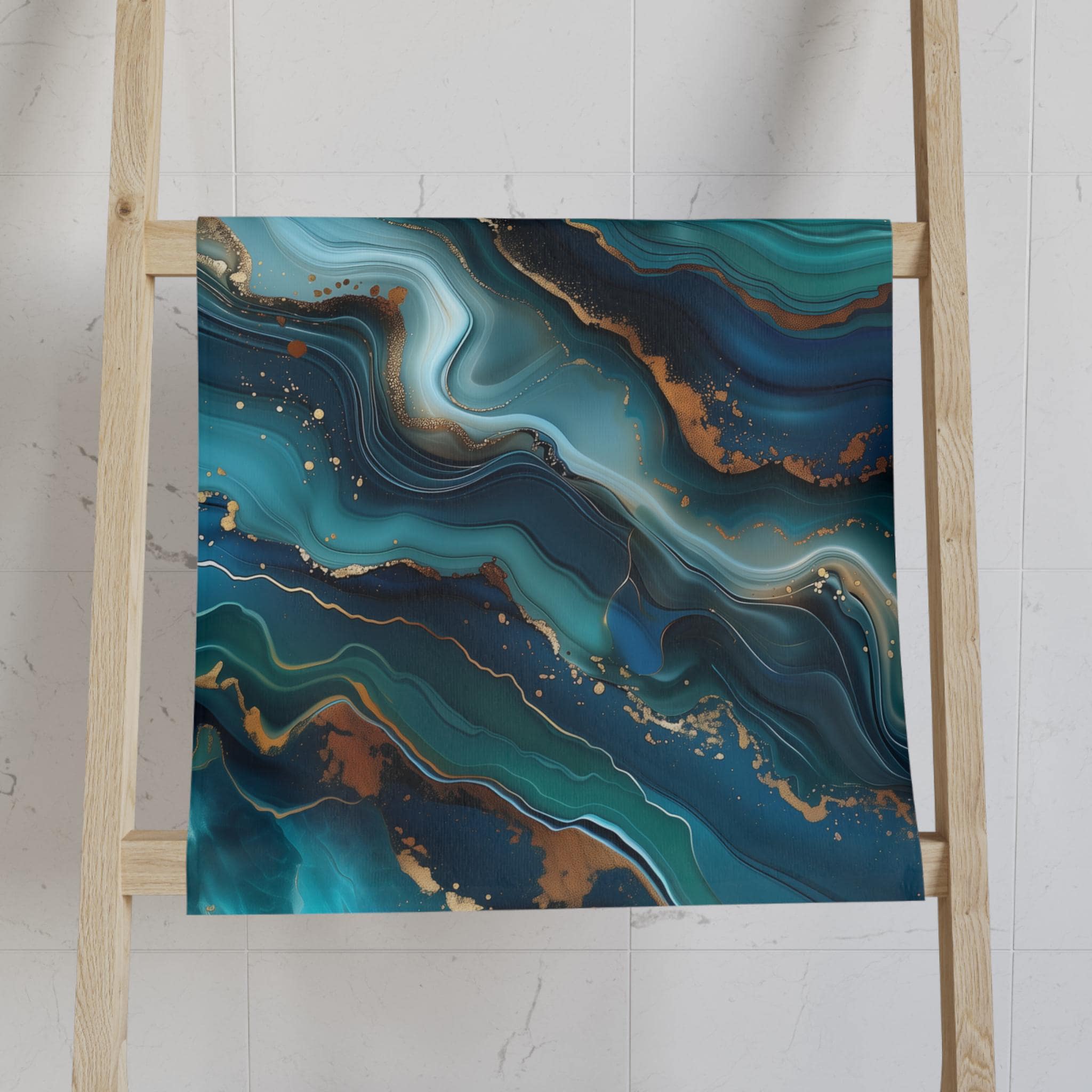 Ocean Wave Hand Towel: Teal Navy Marble Print with Gold Accents
