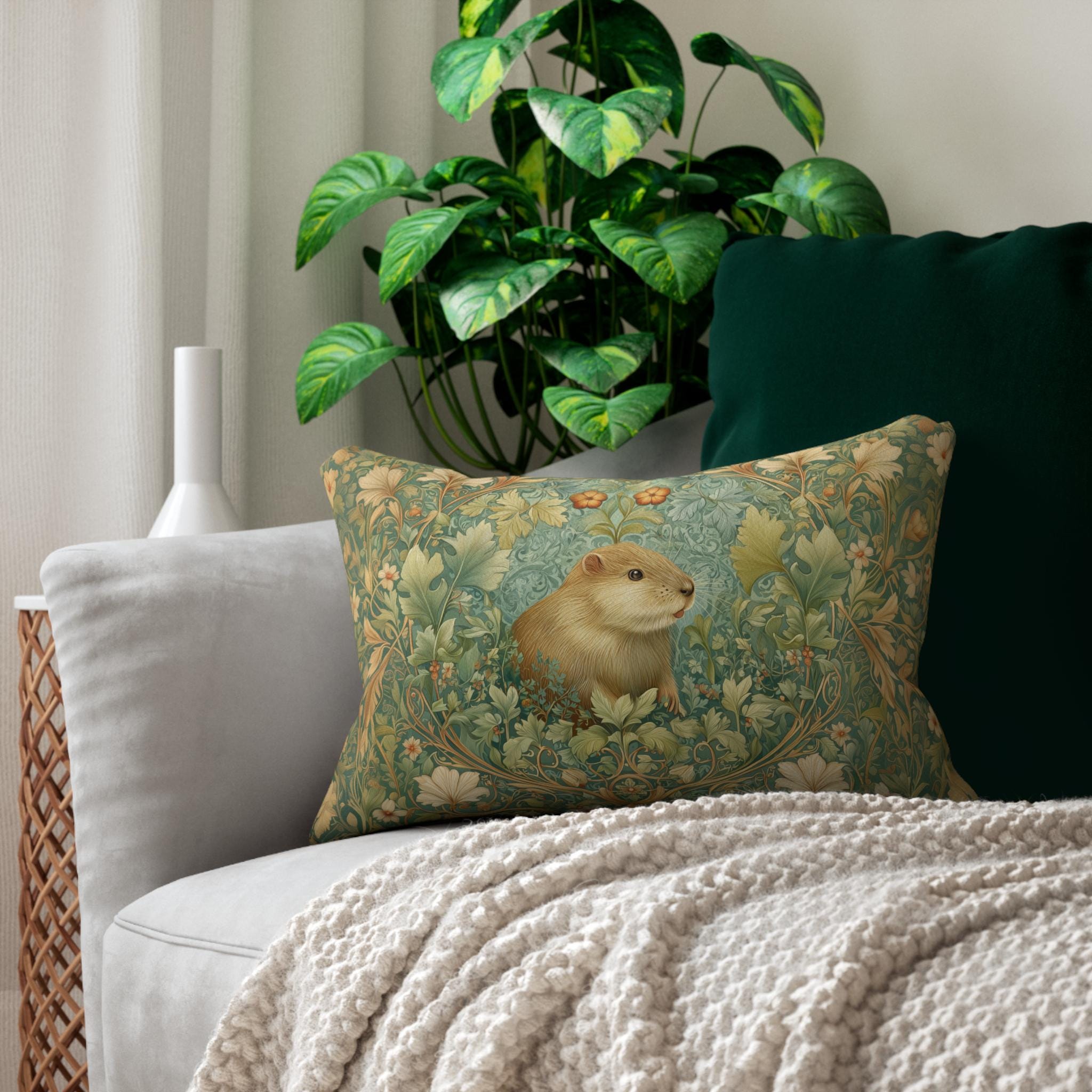 Beaver Lumbar Pillow: William Morris Inspired Woodland Nature Cushion