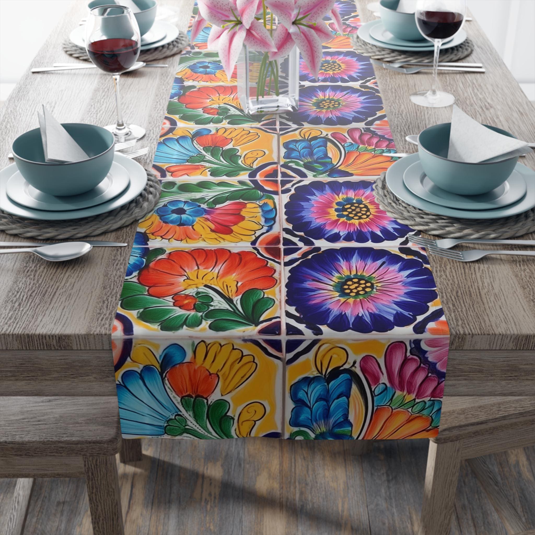 Mexican Table Runner: Colorful Floral Tile Pattern Celebrating the Artistry of Mexico