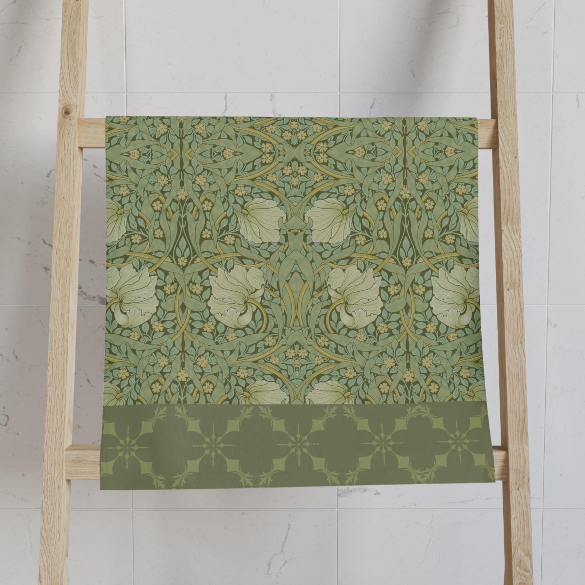 William Morris Pimpernel Hand Towel: Vintage Inspired Botanical Green Art Nouveau