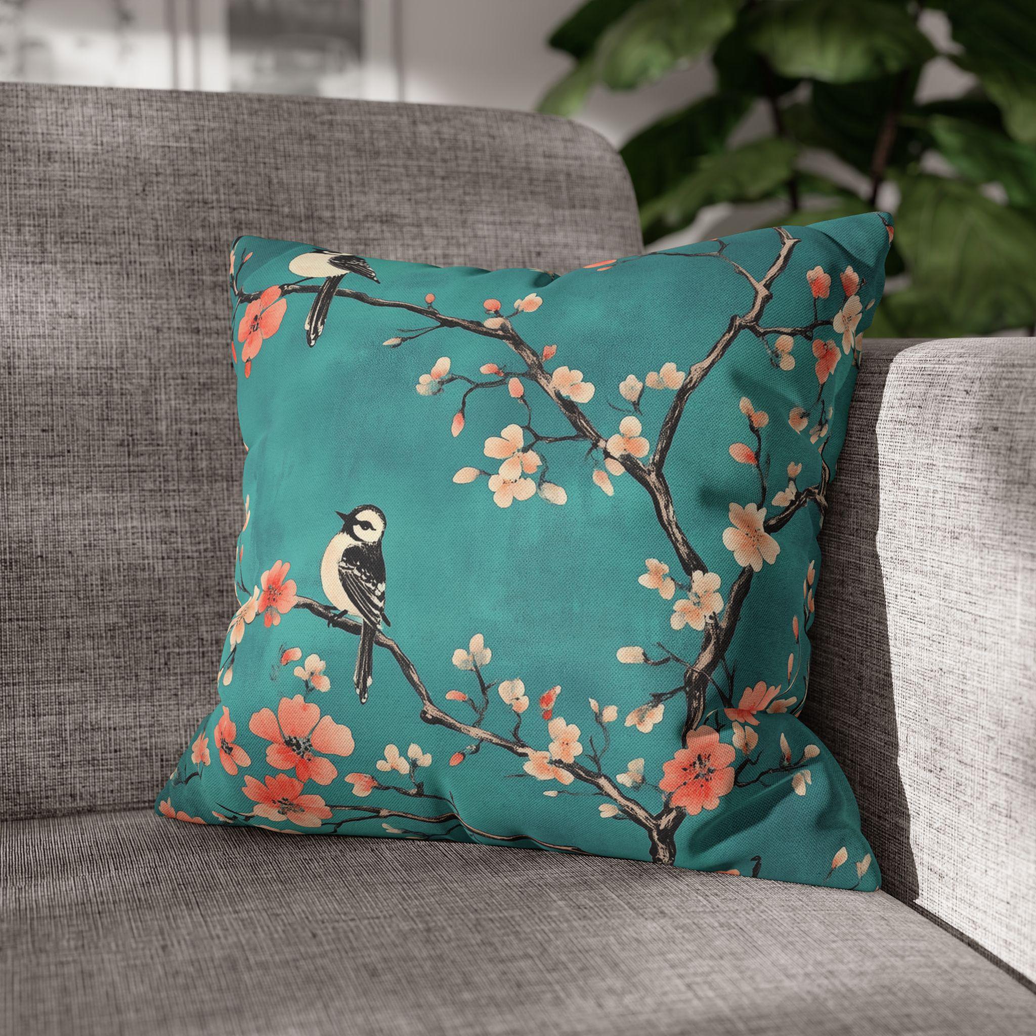 Elegant Chinoiserie Teal Bird Pillow Cover with Coral Blossoms for Nature-Inspired Home Decor