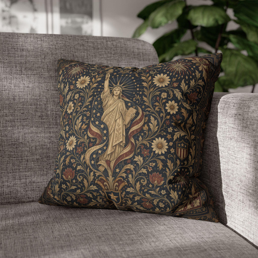 Patriotic Pillow Cover: Americana Statue of Liberty Botanical Design