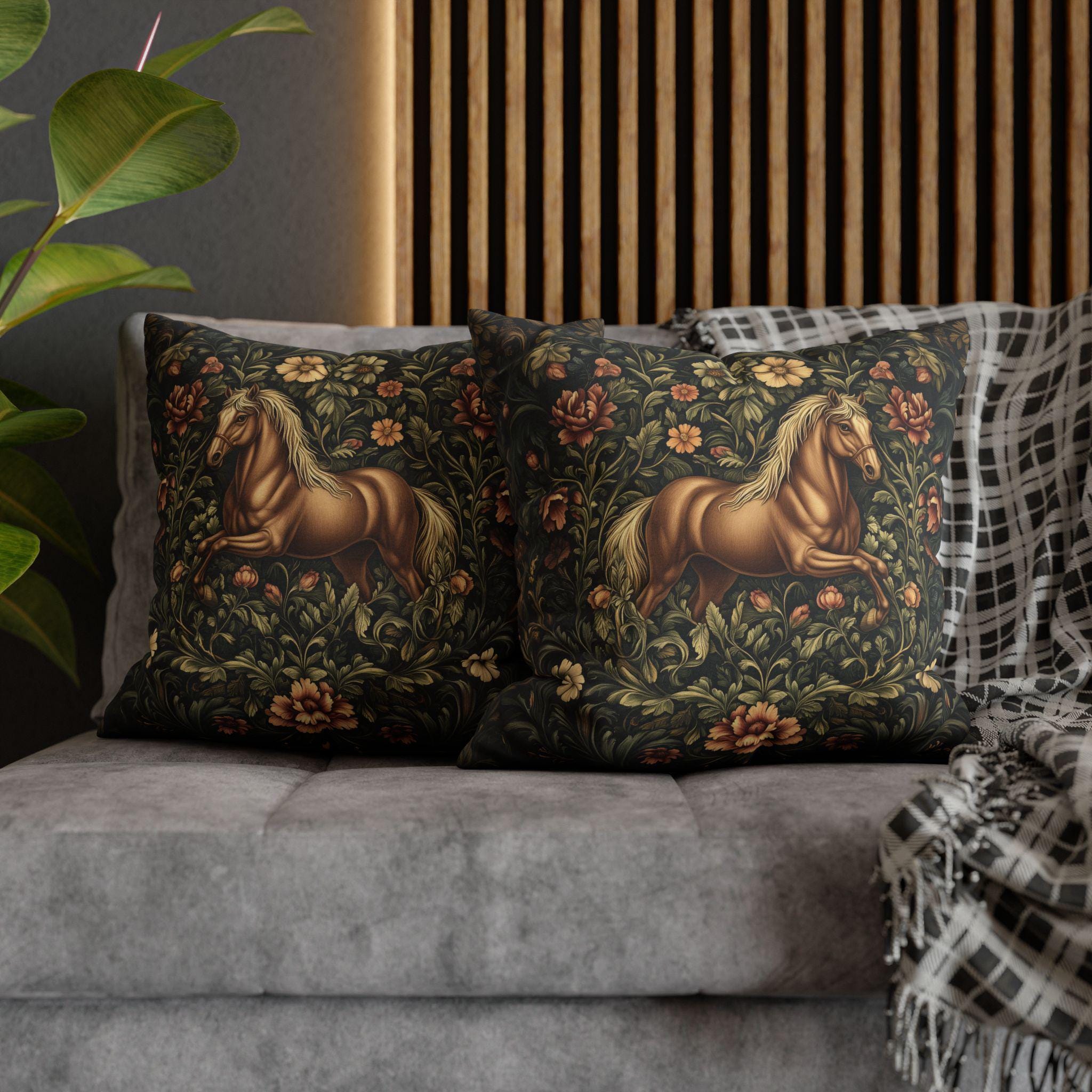 Elegant Equestrian Pillow Cover: William Morris Inspired Botanical Floral Design with Golden Horse Motif