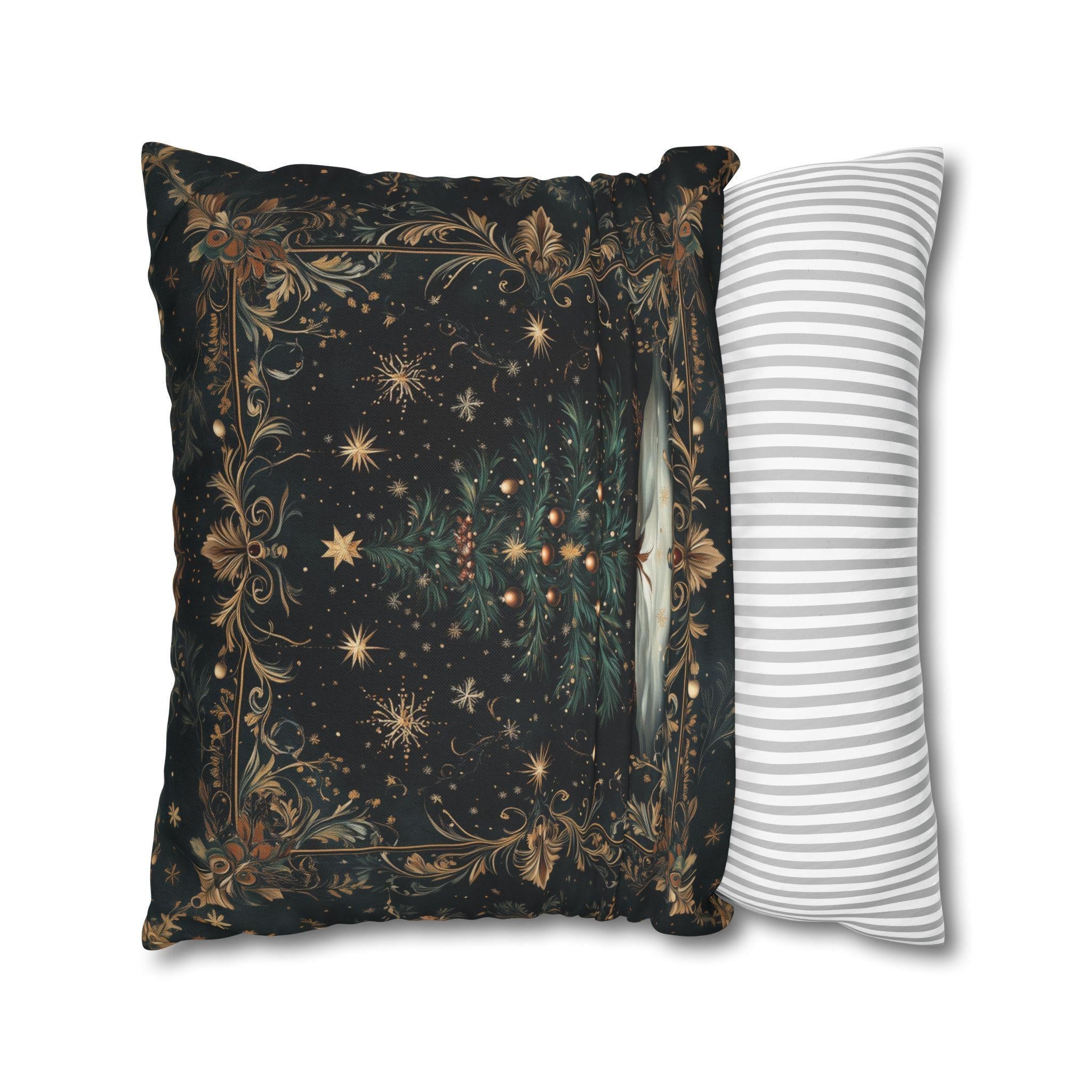 William Morris Christmas Tree Pillow Cover Starry Night Holiday Decor Elegant Gold Botanical Style