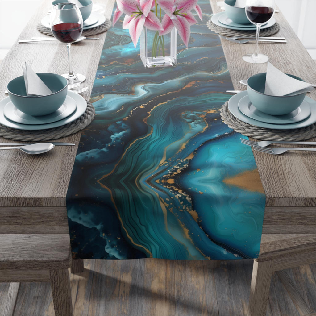 Elegant Ocean Wave Table Runner: Teal, Blue & Gold Accents for Sophisticated Dining Decor