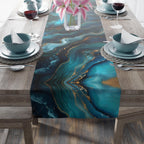 Elegant Ocean Wave Table Runner: Teal, Blue & Gold Accents for Sophisticated Dining Decor