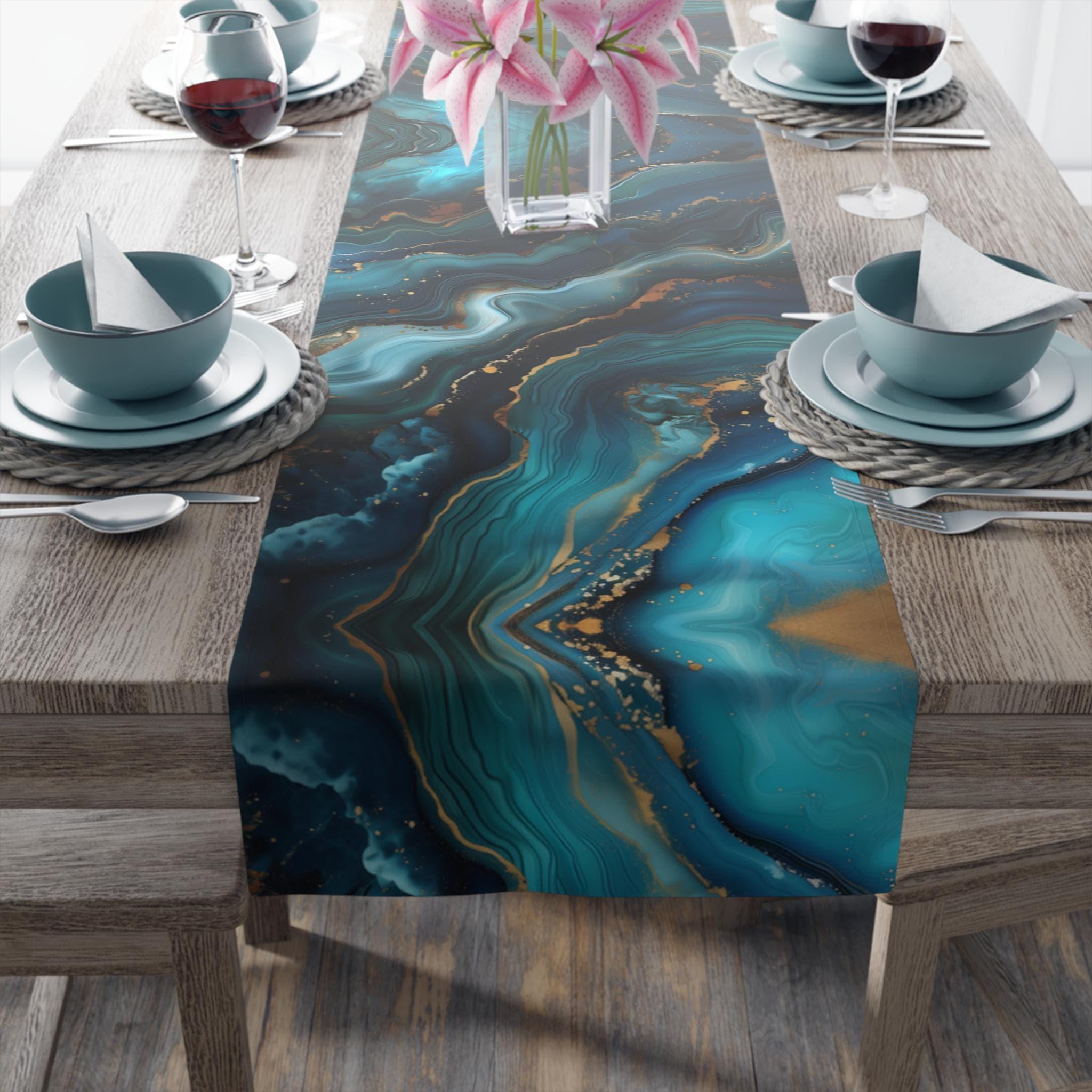 Elegant Ocean Wave Table Runner: Teal, Blue & Gold Accents for Sophisticated Dining Decor