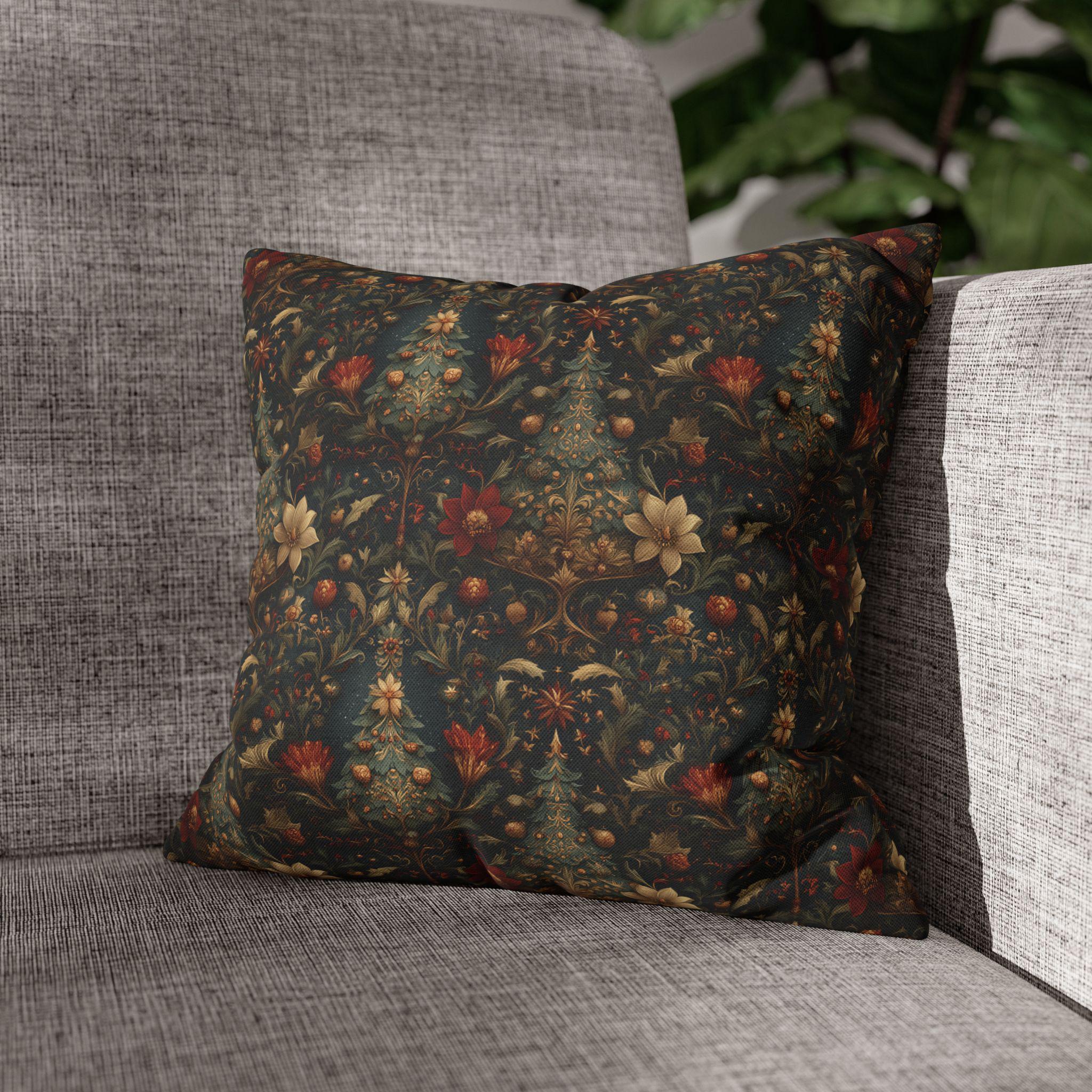 Intricate Christmas Trees and Florals Pillow Cover: William Morris Style Holiday Botanical Design