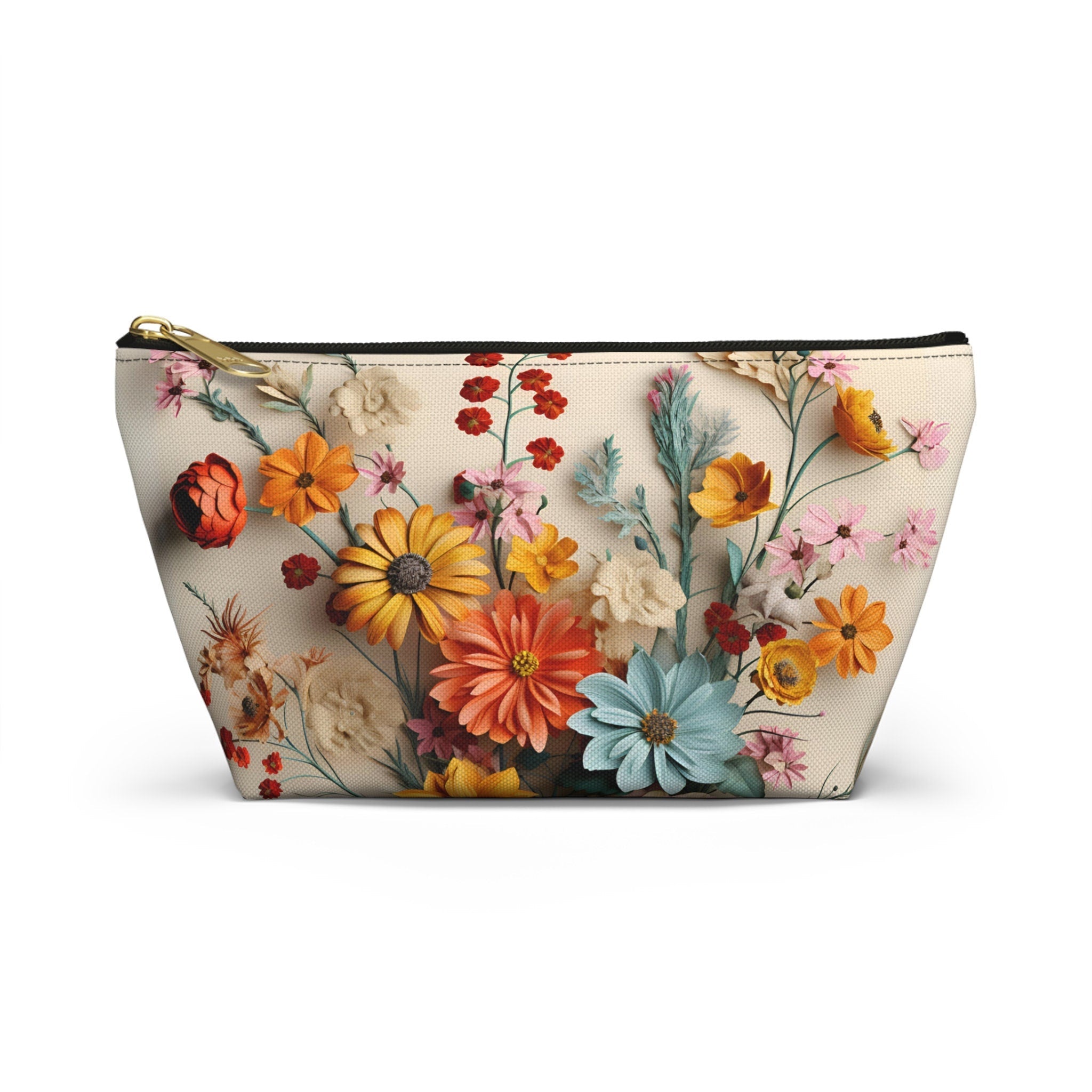Vintage Wildflower Bouquet Makeup Pouch - Colorful Floral Canvas Accessory Bag in Multiple Sizes