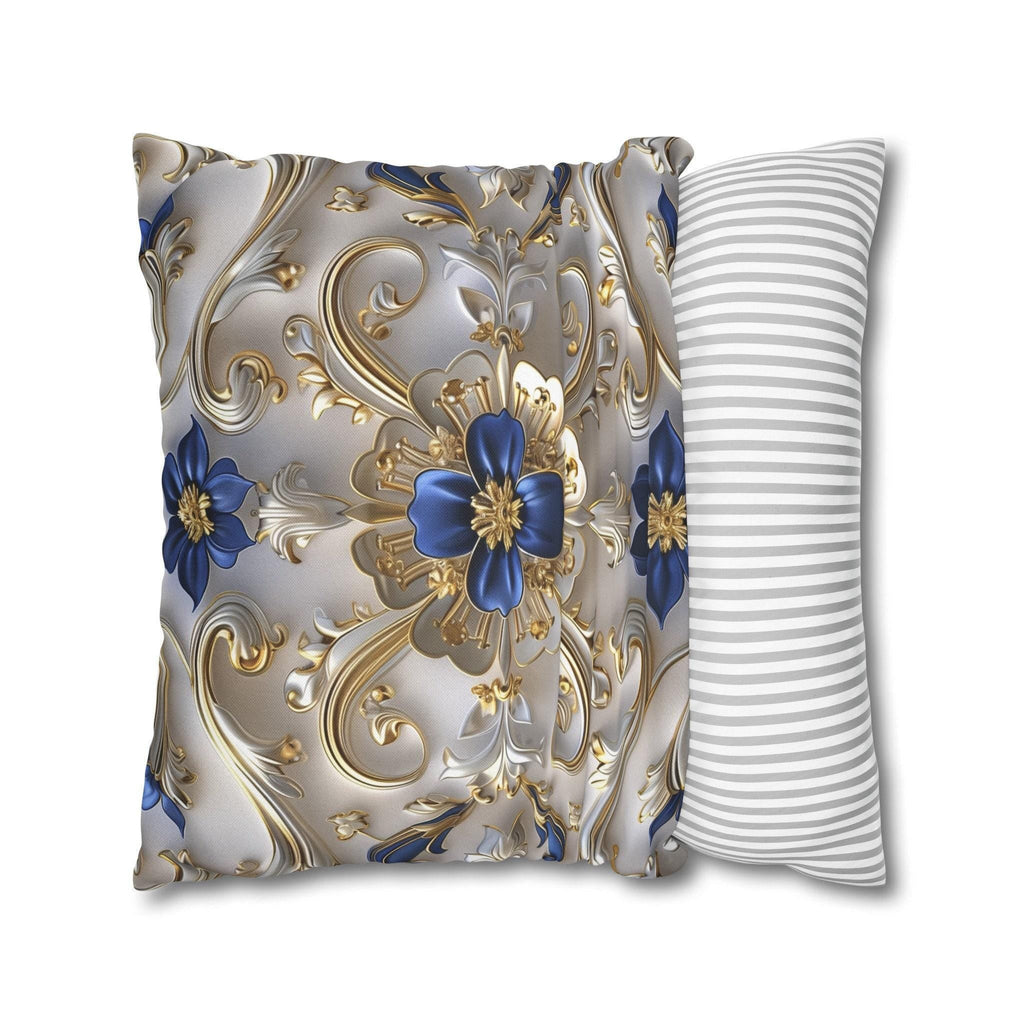 Baroque Inspired Throw Pillow Cover Blue and Gold Ornate Design Elegant Home Decor Gift