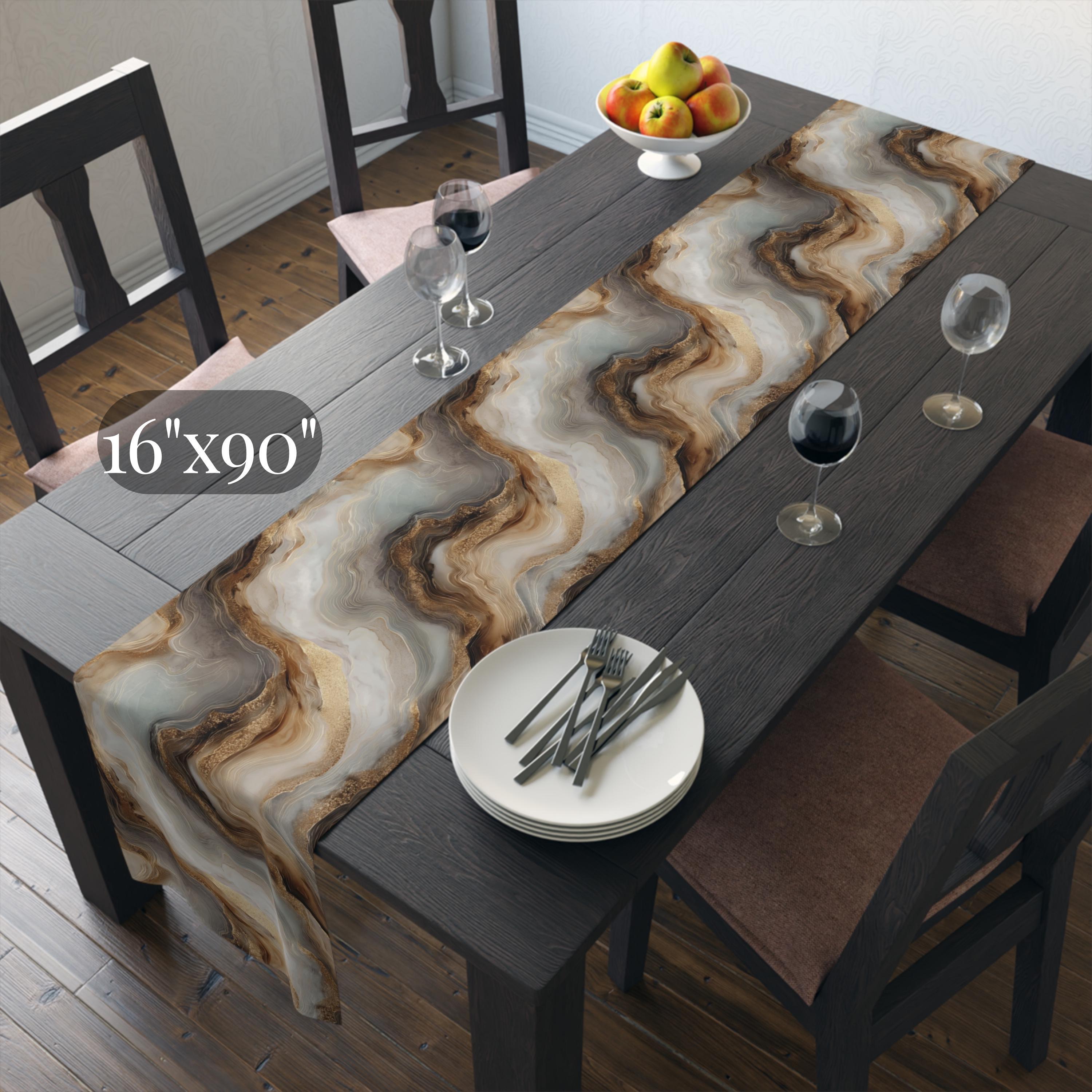 Modern Abstract Table Runner: Brown Marble Look with Gold Color Accents