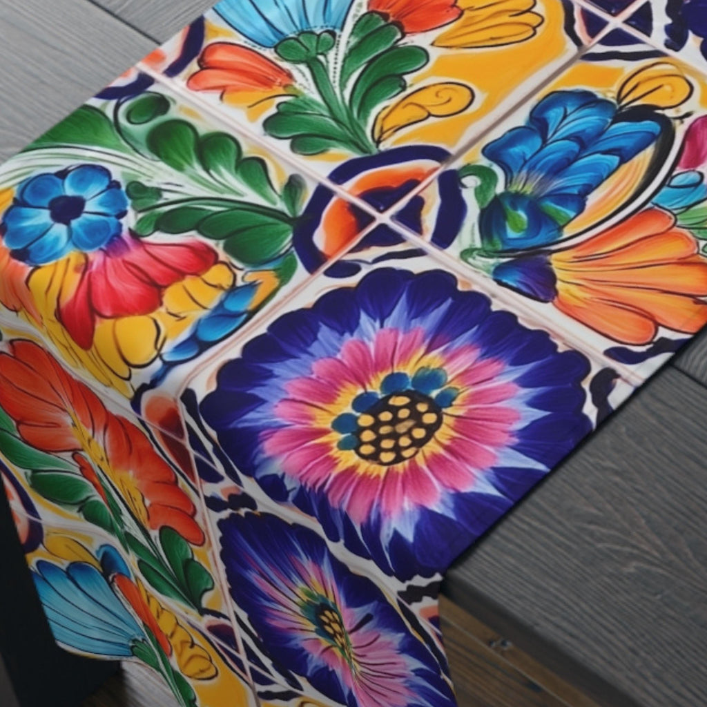 Mexican Table Runner: Colorful Floral Tile Pattern Celebrating the Artistry of Mexico