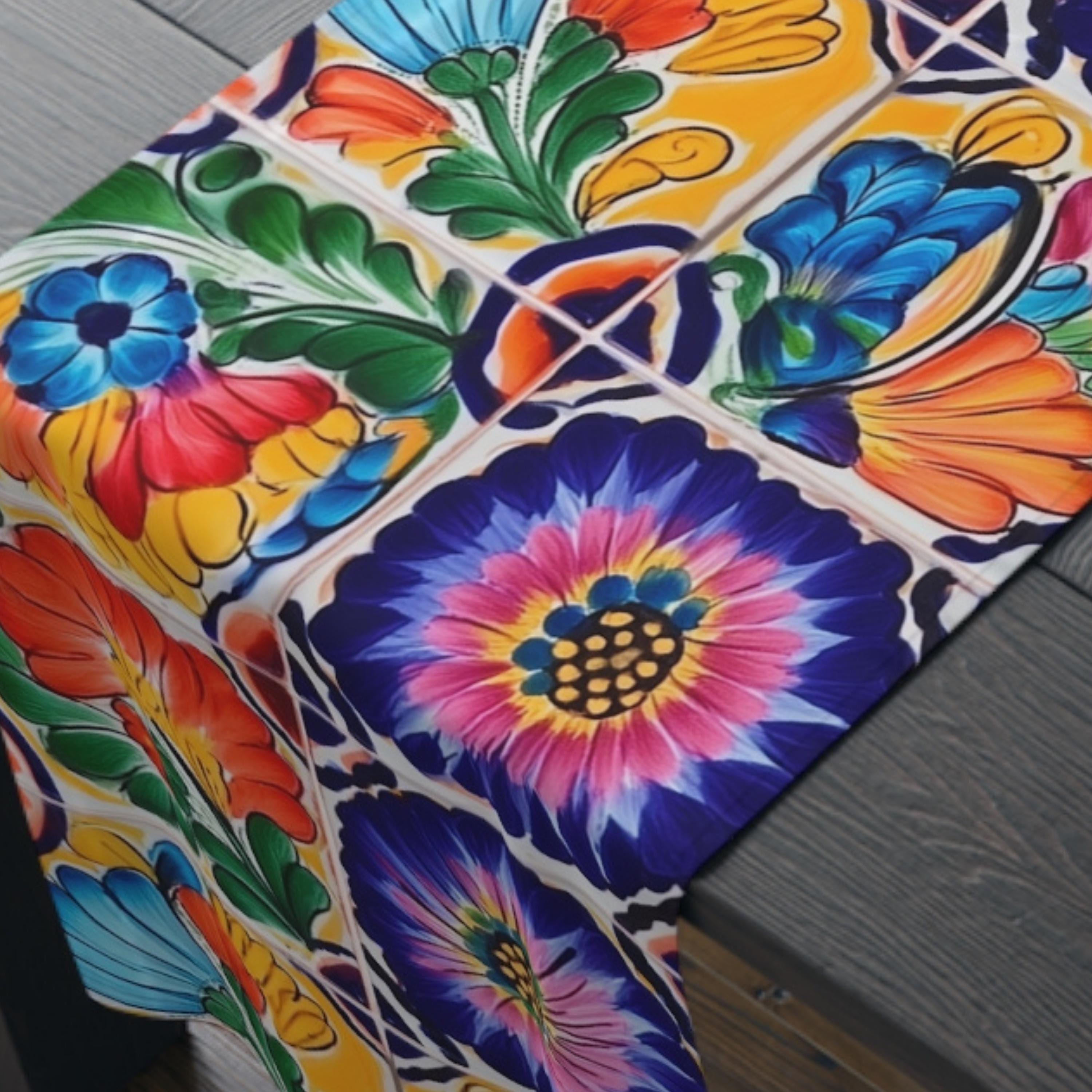 Mexican Table Runner: Colorful Floral Tile Pattern Celebrating the Artistry of Mexico