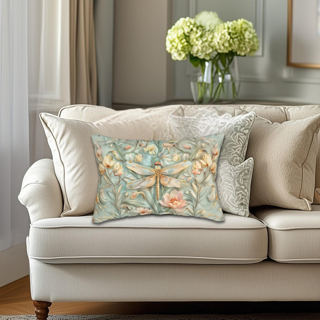 William Morris Inspired Dragonfly Lumbar Pillow: Blue, Gold & Pink Nature Design