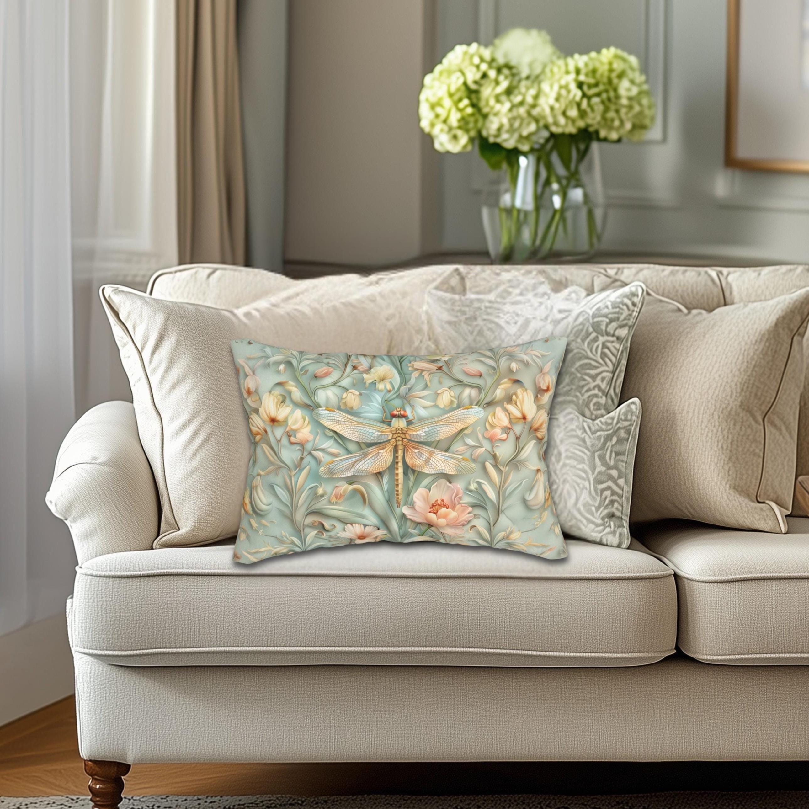 William Morris Inspired Dragonfly Lumbar Pillow: Blue, Gold & Pink Nature Design