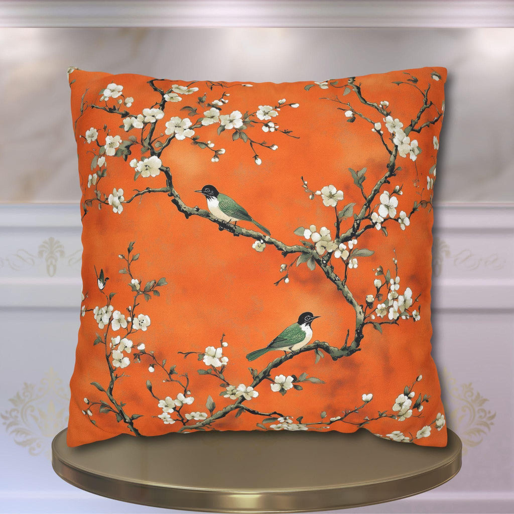 Elegant Chinoiserie Pillow Cover: Burnt Orange with White Blossoms and Birds for Asian-Inspired Decor