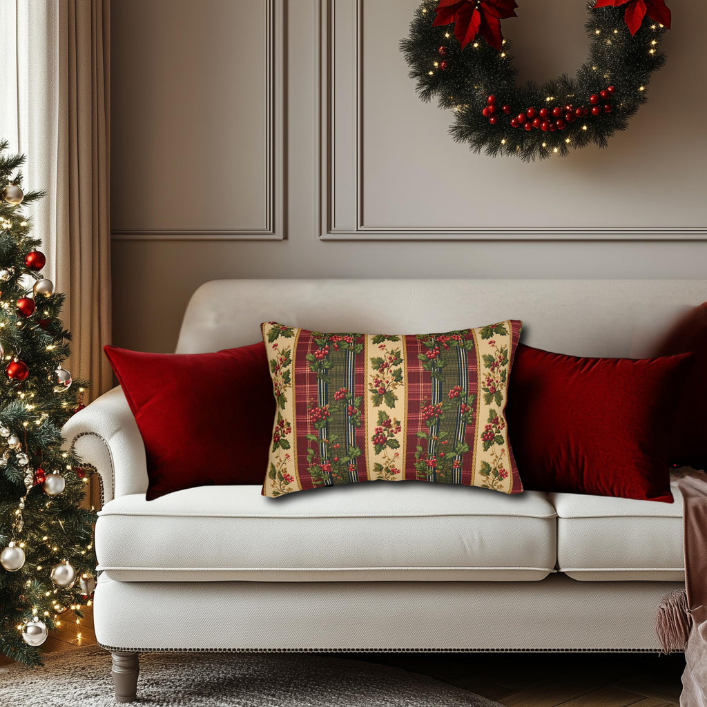 Christmas Lumbar Pillow: Classic Vintage Style Holly & Tartan Plaid in Red Green and Cream