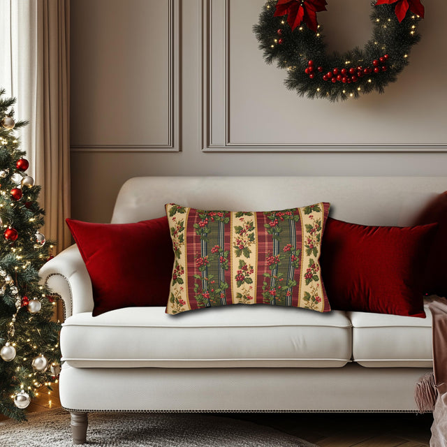 Christmas Lumbar Pillow: Classic Vintage Style Holly & Tartan Plaid in Red Green and Cream